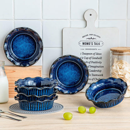 vancasso Stern Mini Pie Pans Set of 6, Ceramic Dish Pie Plate for Baking, Small Plates with Corrugated Edge, Easy to Clean, Dishwasher & Microwave & Oven Safe Blue, 5.5 inch, 9 Ounce - CookCave