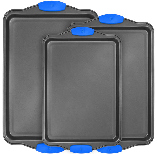 Perlli Cookie Sheets for Baking Non Stick Oven Pan Tray Baking Sheet 3-Piece Set (Small, Medium & Large) Carbon Steel BPA Free Cooking and Baking Trays for Cakes and Cookies with Blue Silicone Grips - CookCave
