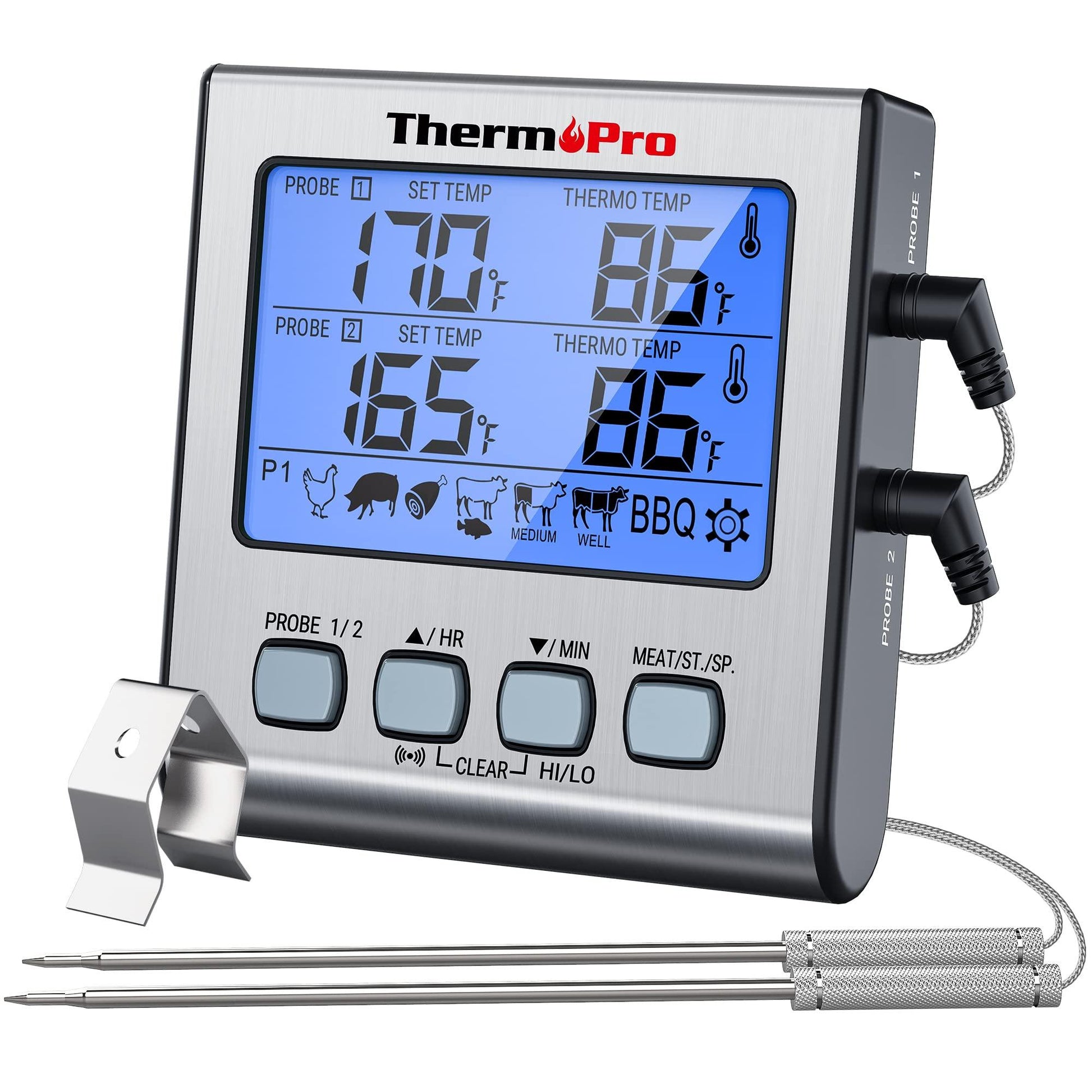 ThermoPro TP-17 Dual Probe Digital Cooking Meat Thermometer Large LCD Backlight Food Grill Thermometer with Timer Mode for Smoker Kitchen Oven BBQ, Silver - CookCave