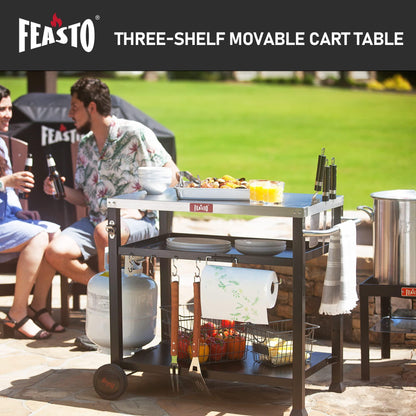 Feasto 3-Shelf Movable Food Prep and Pizza Oven Table, BBQ Grill Cart, Indoor & Outdoor Multifunctional Stainless Steel Grill Table on 2 Wheels, L39.5 x W25.6 x H33 - CookCave