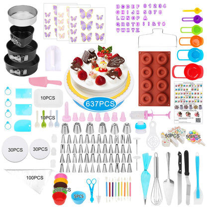 Cake Decorating Kit,637 Pcs Decorating Supplies With 3 Springform Pan Sets Icing Nozzles Rotating Turntable Cake Topper Piping Bags Paper Plates, Cake Baking Set Tools for Beginner and Professional - CookCave