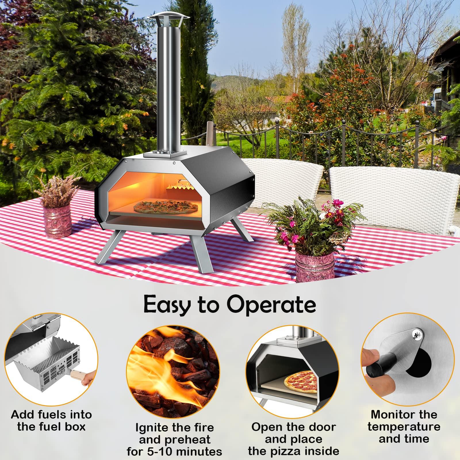 COSTWAY Outdoor Pizza Oven, with 12” Pizza Stone, Wood Fired Pizza Maker with Foldable Legs & Built-in Thermometer, Stainless Steel Wood Pellet Pizza Grill for Camping, Backyard, Picnic, Party, Black - CookCave