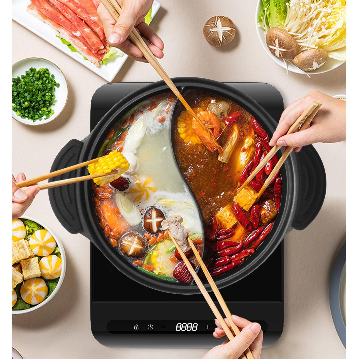 Kerykwan 304 Stainless Steel Shabu Shabu Hot pot with Divider Induction Cooktop Countertop Burner - CookCave