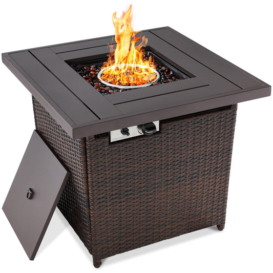 Best Choice Products 28in Gas Fire Pit Table, 50,000 BTU Outdoor Wicker Patio Propane Firepit w/Faux Wood Tabletop, Clear Glass Rocks, Cover, Hideaway Tank Holder, Lid - Brown - CookCave