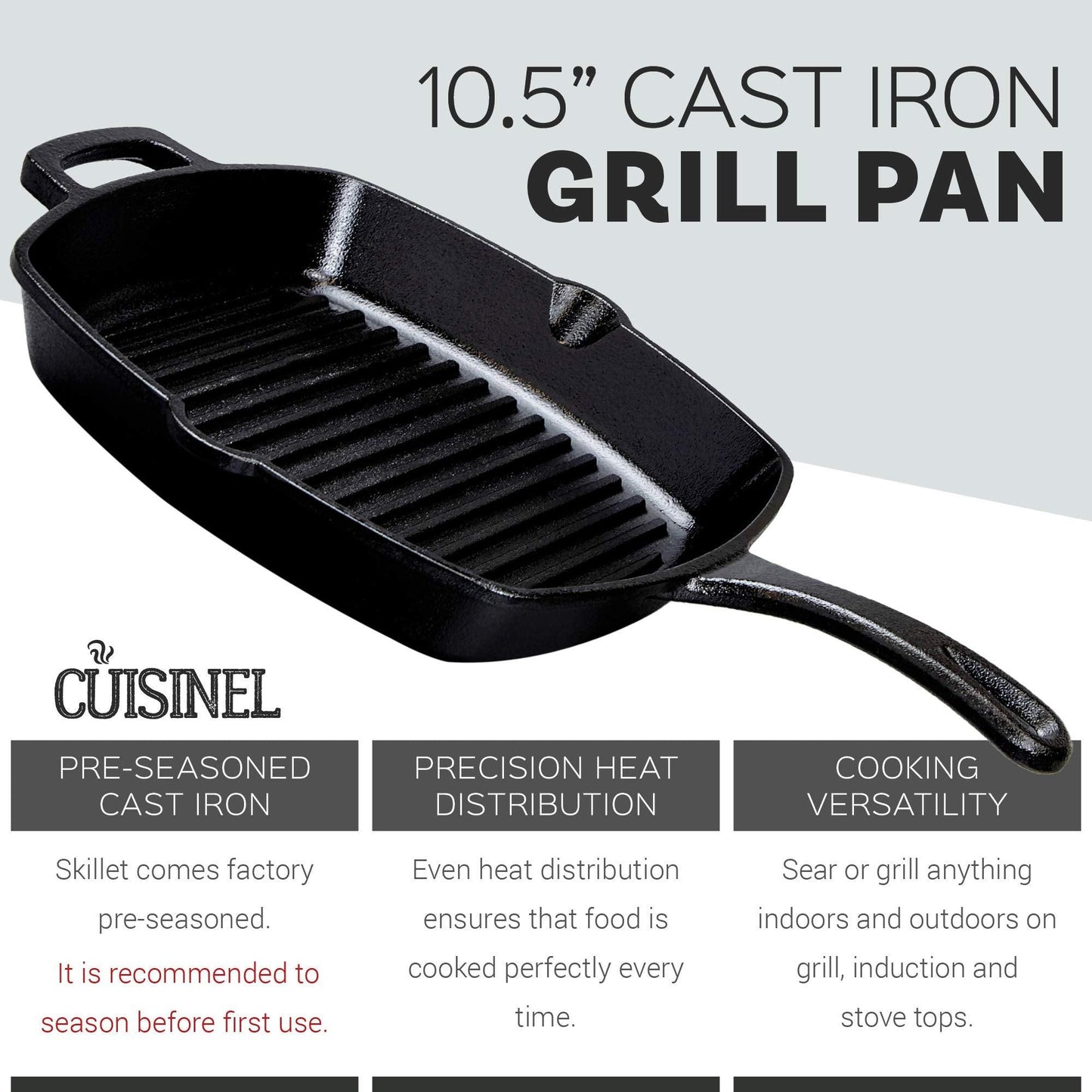 Cuisinel Cast Iron Square Grill Pan + Glass Lid - 10.5" Pre-Seasoned Ridged Skillet + Handle Cover + Pan Scraper - Grill, Stovetop, Fire Safe - Indoor and Outdoor Use - for Grilling, Frying, Sauteing - CookCave