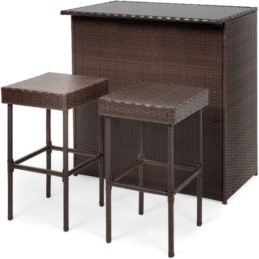 Best Choice Products 3-Piece All-Weather Wicker Bar Table Set for Indoor Outdoor, Kitchen, Patio, Backyard w/ 2 Stools, Glass Tabletop, Storage Shelves - Brown - CookCave