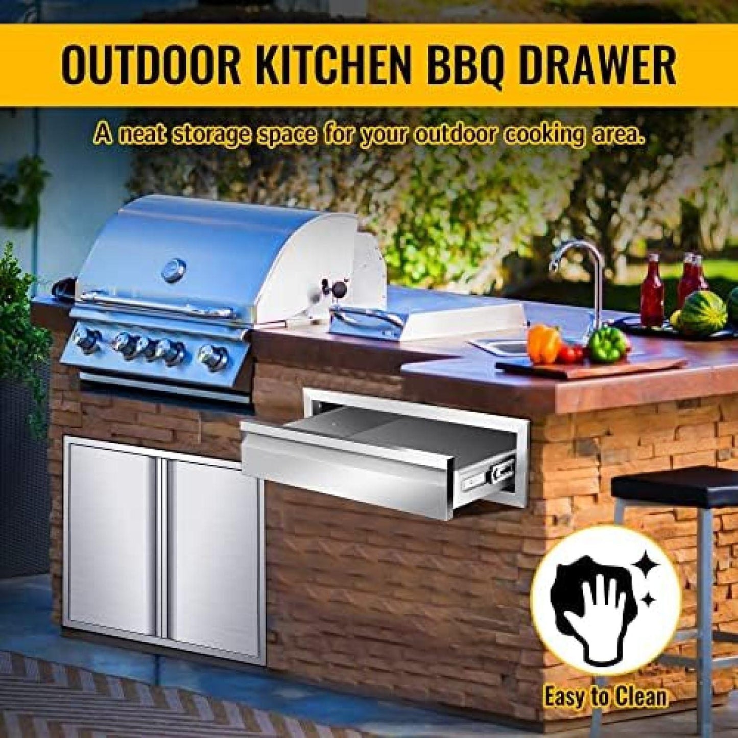 Outdoor Kitchen Drawers, Flush Mount Double BBQ Access Drawers Stainless Steel with Recessed Handle, BBQ Island Drawers for Outdoor Kitchens Or Grill Station,-24W X 6.5H X 23D Inch - CookCave