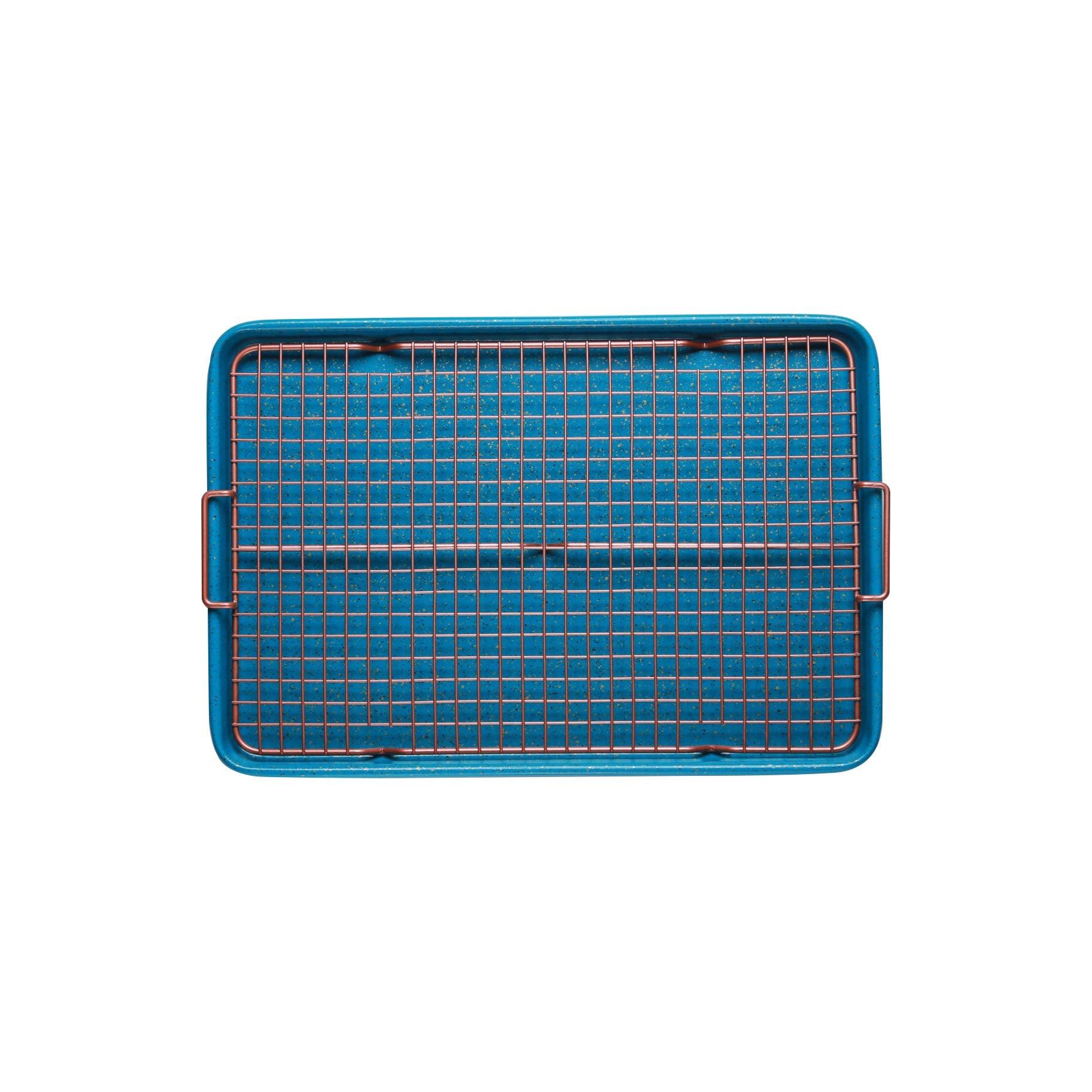 CasaWare 3pc Ultimate Commercial Weight 15 x 10 x 1-inch Cookie Sheet/Cooling Grid/Silicone Mat Bakeware Set (Blue Granite) - CookCave