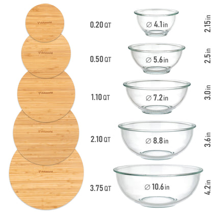 dokaworld Glass Mixing Bowls - Nesting Bowls - Cute Collapsible Glass Bowls with Lids Food Storage - 5 Stackable Microwave Safe Glass Containers - Salad Bamboo Mixing Bowls - Baking Bowls for Kitchen - CookCave