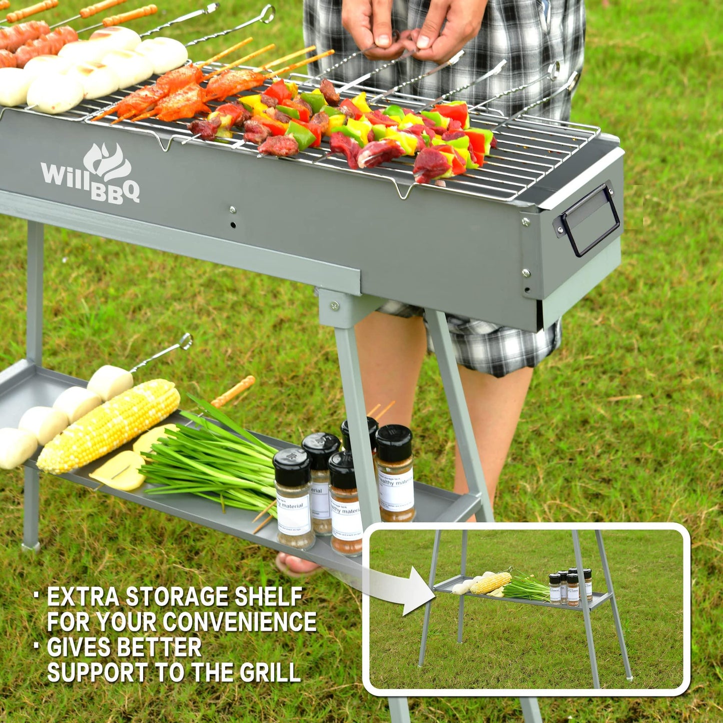 WILLBBQ Commercial Quality Portable Charcoal Grills Multiple Size Hibachi BBQ Lamb Skewer Folded Camping Barbecue Grill for Garden Backyard Party Picnic Travel Outdoor Cooking Use(31.6x7.1x5.1 inch) - CookCave