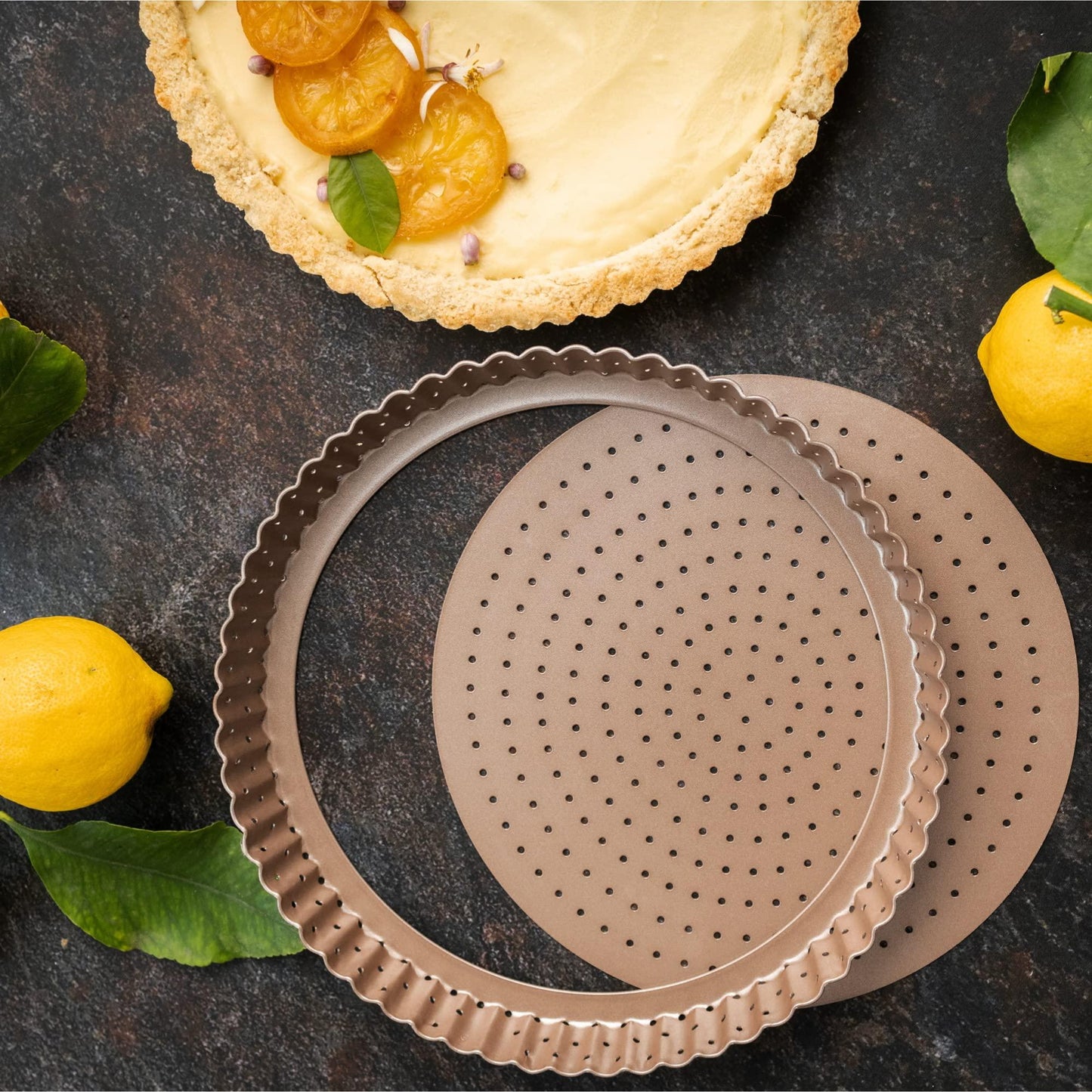 HAPPIELS Non-Toxic Nonstick 9-inch Tart Pan with Removable Bottom Perforated | Round Gold Quiche Pan - CookCave