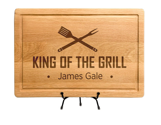 King of the Grill, Cutting Board, Personalized Cutting Boards for Men and Dad, Fathers Day, Dad's Birthday, Christmas Gift, Custom Cooking Gift, BBQ Gifts, Kitchen Gift, With Apron and Display Stand - CookCave