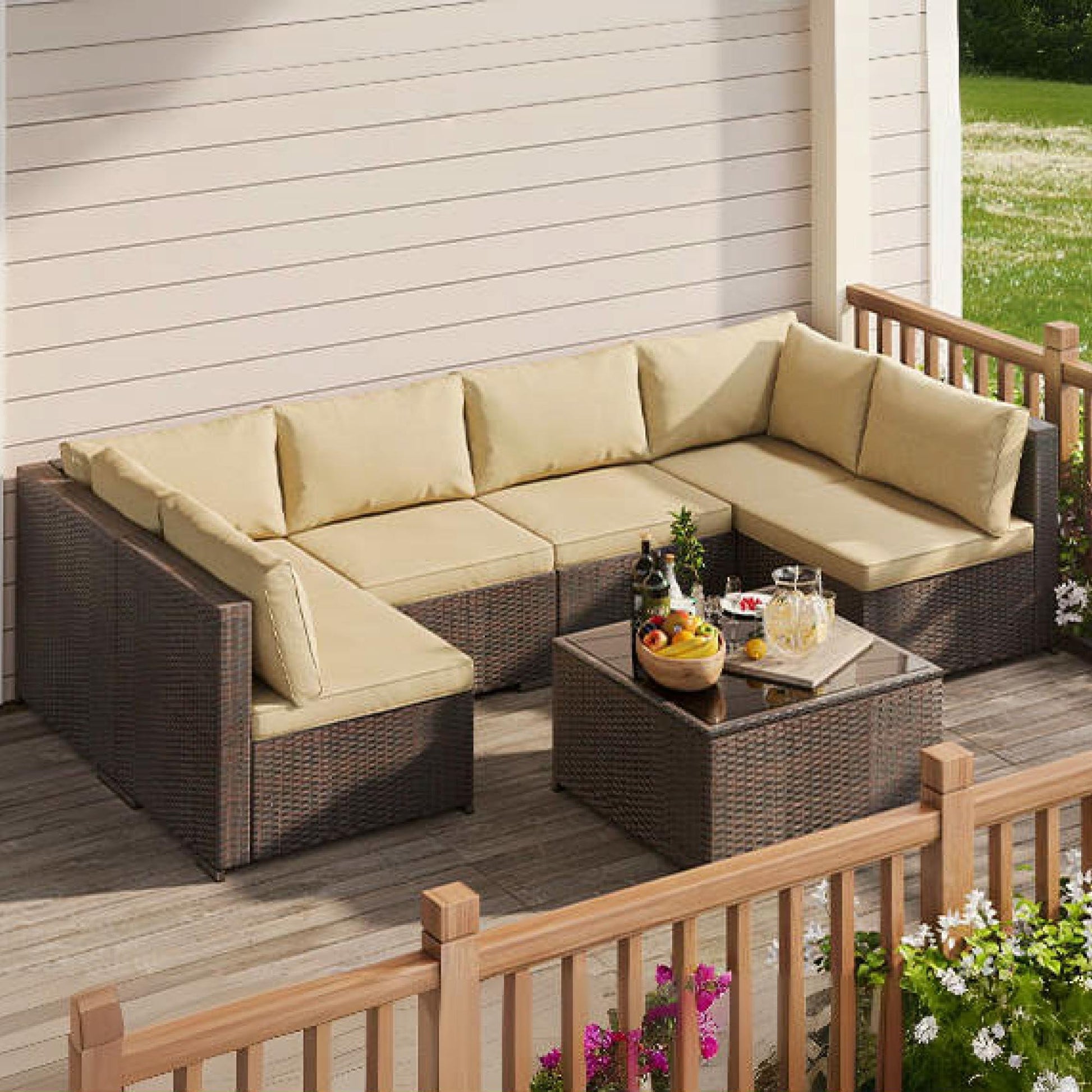 Qsun 7-Piece Patio Furniture Set, Outdoor Sectional PE Wicker Rattan Patio Set. Outdoor Furniture a Glass Coffee Table for Porch Poolside Balcony (Brown Rattan, Beige Cushion) - CookCave