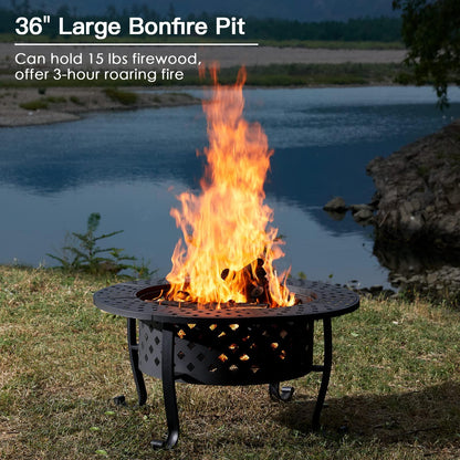 PaPaJet 36 Inch Fire Pit with 2 Grill, Outdoor Wood Burning Firepit with Lid, Metal Round Table for Backyard Patio Garden Picnic Camping Bonfire - CookCave