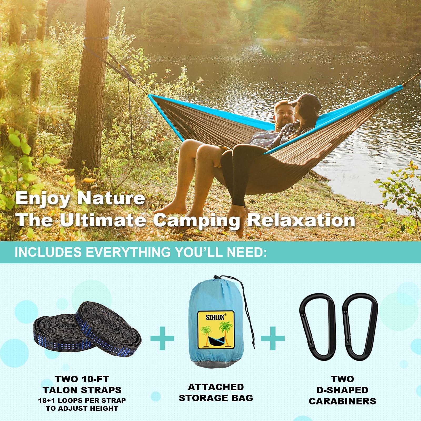 SZHLUX Camping Hammock Double & Single Portable Hammocks with 2 Tree Straps and Attached Carry Bag,Great for Outdoor,Indoor,Beach,Camping,Light Grey / Sky Blue - CookCave