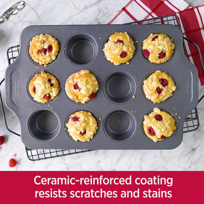 All-Clad Pro-Release Nonstick Bakeware Muffin Pan 12 Cup Oven Safe 450F Half Sheet, Cookie Sheet, Muffin Pan, Cooling & Baking Rack, Round Cake Pan, Loaf Pan, Baking Pan Grey - CookCave