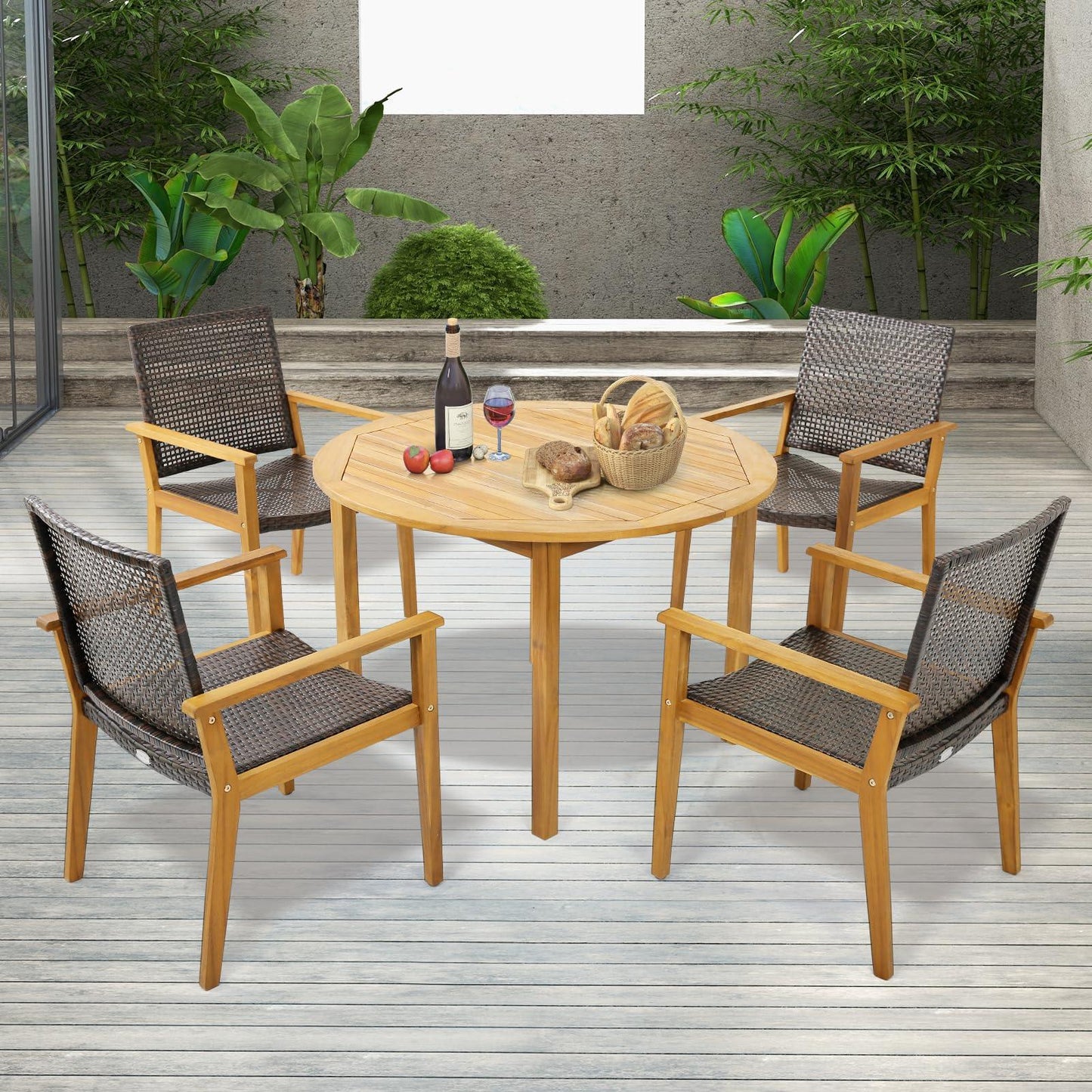 Tangkula 5 Pieces Patio Dining Set, 4 Patio Wicker Armchairs and Round Acacia Wood Dining Table, Outdoor Table and Chairs Set for Backyard, Poolside, Garden - CookCave