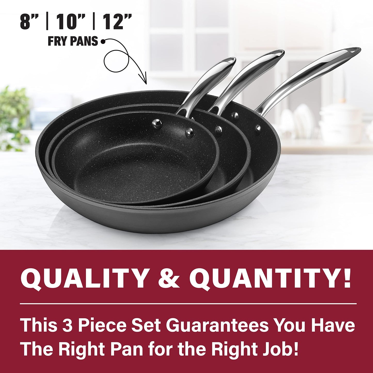 Granitestone Pro 3 Pc Non Stick Frying Pans Set for Cooking, 8+10+12 Inch Frying Pans Nonstick Skillet, Pans Set Nonstick, Non Stick Pans for Cooking, Hard Anodized Nonstick Pan, Dishwasher Safe Black - CookCave