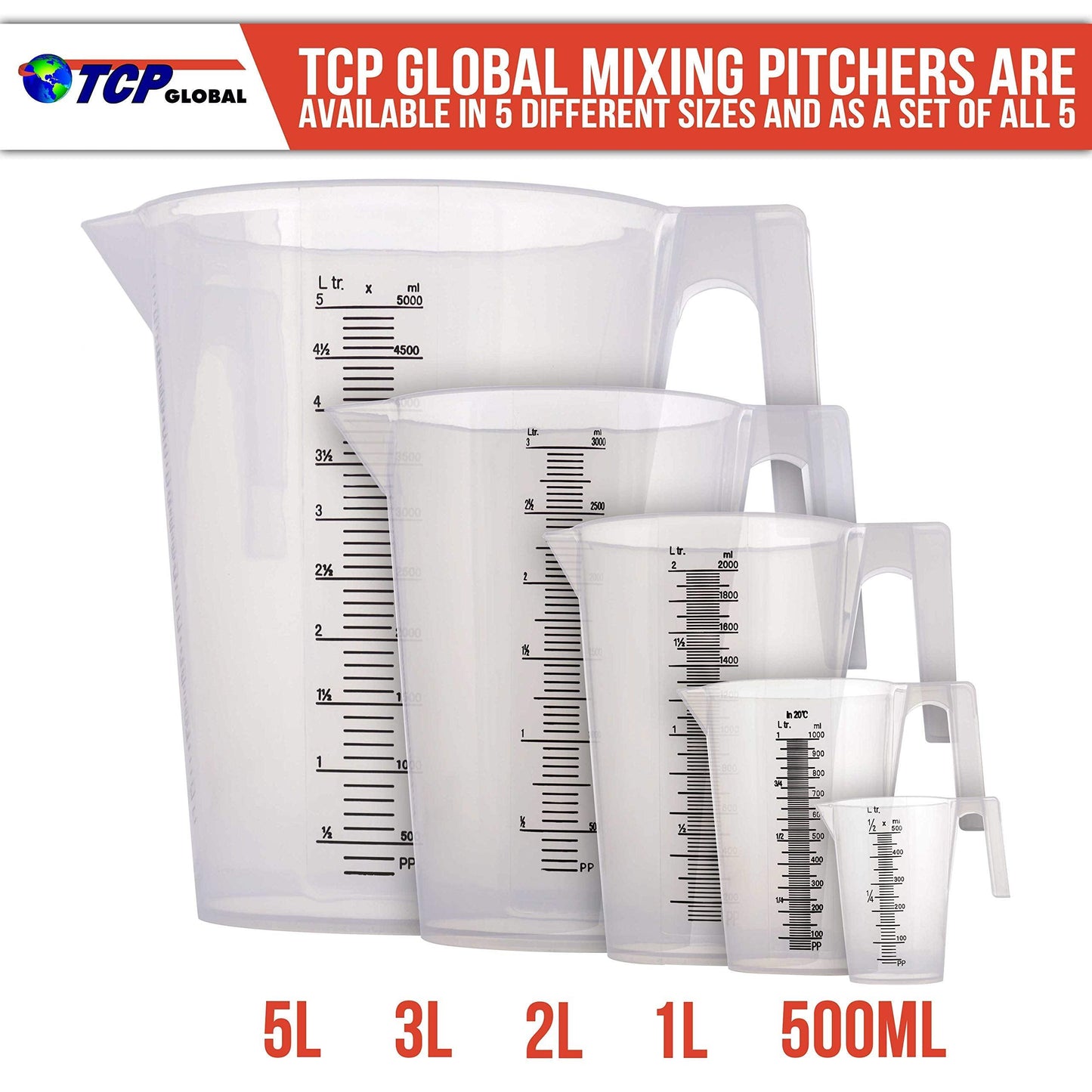 TCP Global 5 Piece Set of Plastic Graduated Measuring and Mixing Pitchers - 500, 1000 Quart, 2000, 3000, 5000 ml Gallon Sizes - Pouring Cups, Measure & Mix Paint, Resin, Epoxy, Kitchen Cooking Baking - CookCave