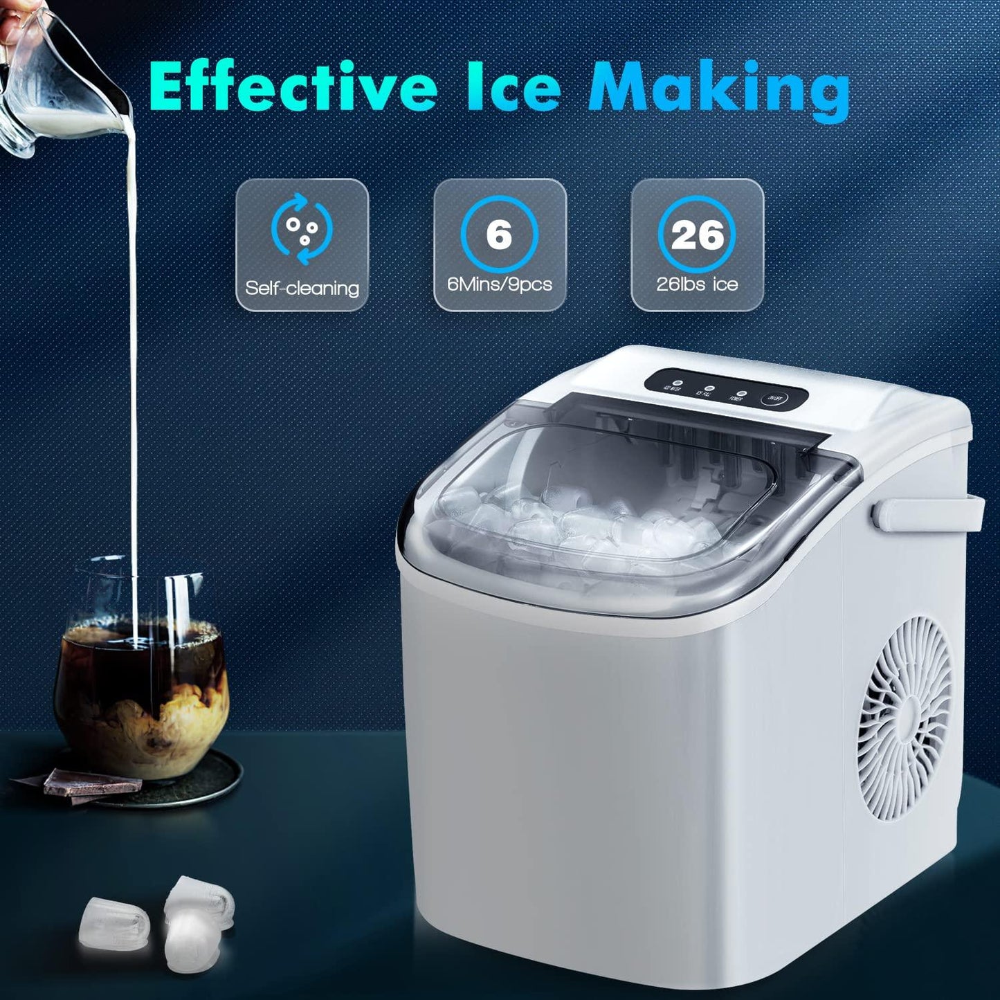 Ice Makers Countertop with Self-Cleaning, 26.5Lbs/24Hrs, 9 Cubes Ice Ready in 6 Mins, Portable Ice Maker with Ice Scoop/Basket for Home/Kitchen/Office/Bar, White(with Handle) - CookCave