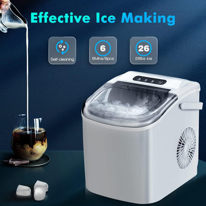 Ice Makers Countertop with Self-Cleaning, 26.5Lbs/24Hrs, 9 Cubes Ice Ready in 6 Mins, Portable Ice Maker with Ice Scoop/Basket for Home/Kitchen/Office/Bar, White(with Handle) - CookCave