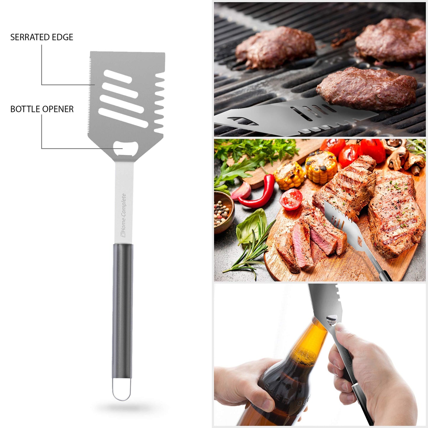 Home-Complete HC-1005 Barbecue, Includes Spatula, Tongs, Basting Brush 7-Piece Stainless Steel Cooking Utensils Set-BBQ Grill Accessories with Aluminum Storage Case, Silver - CookCave