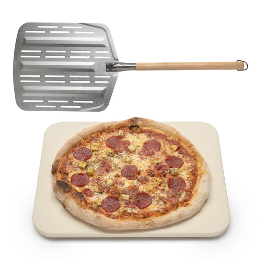 Hans Grill Pizza Stone PRO XL Baking Stone For Pizzas use in Oven, Grill or BBQ FREE Long Handled Anodised Aluminium Pizza Peel | Rectangular Stone 15 x 12" Inches | For Pies, Pastry, Bread, Calzone - CookCave