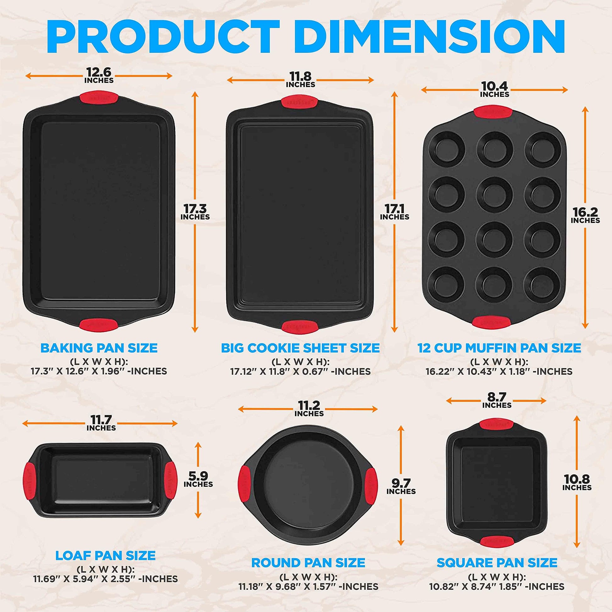 NutriChef 6-Piece Nonstick Bakeware Set - Carbon Steel Baking Tray Set w/ Heatsafe Red Silicone Handles, Oven Safe Up to 450°F, Loaf Muffin Round/Square Pans, Cookie Sheet, Baking Pan -NCSBS6S,Black - CookCave