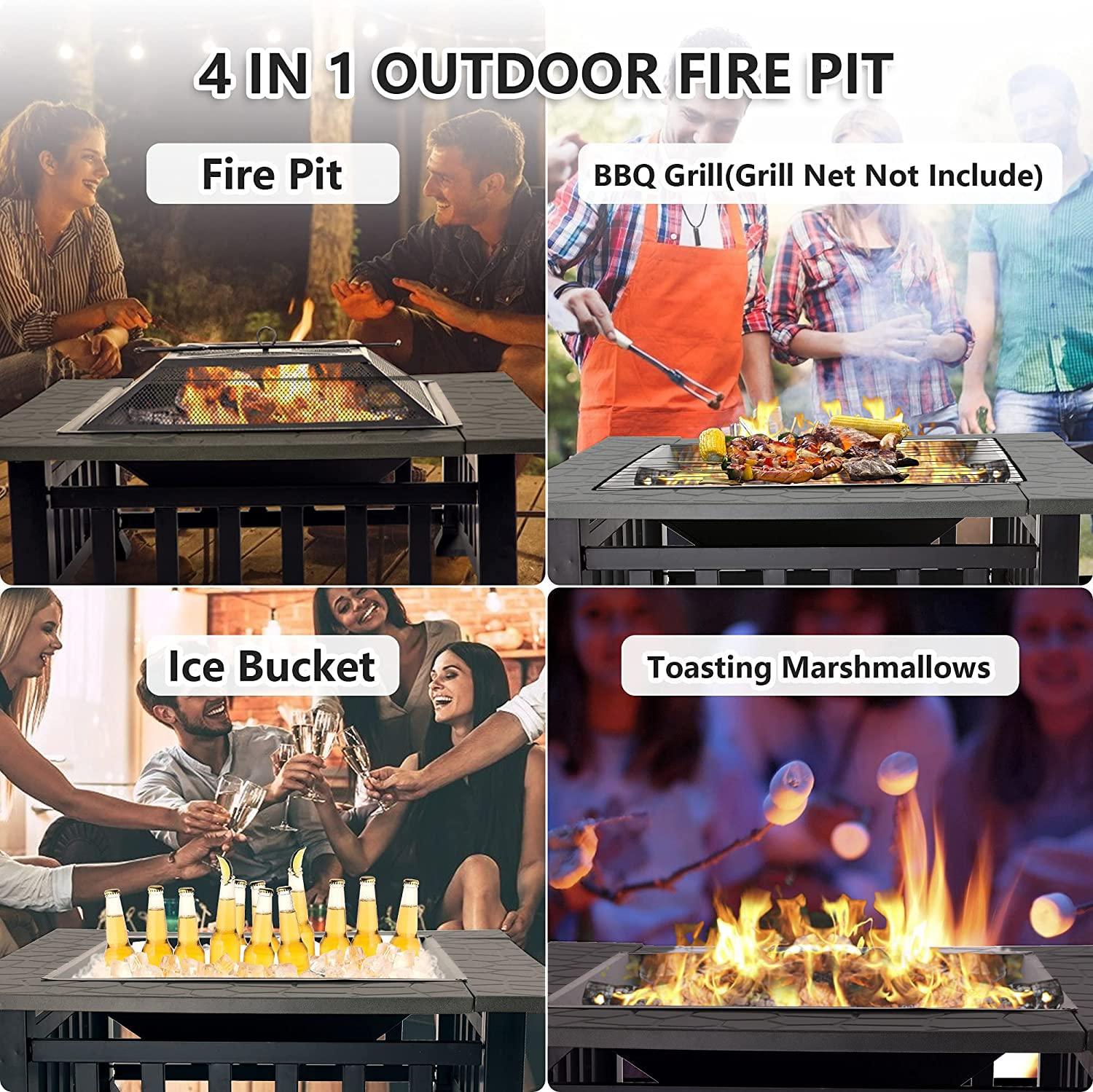 4-in-1 Fire Pit Table for Outside, 32'' Fire Pit Grill Outdoor Wood Burning with Fire Poker,Lid&Rain Cover,Square Bonfire Pits Stove for Camping Patio BBQ Balcony Beach Backyard Heating - CookCave