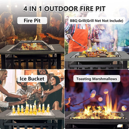 4-in-1 Fire Pit Table for Outside, 32'' Fire Pit Grill Outdoor Wood Burning with Fire Poker,Lid&Rain Cover,Square Bonfire Pits Stove for Camping Patio BBQ Balcony Beach Backyard Heating - CookCave