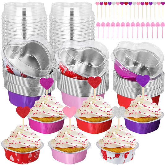 Fovths Valentine's Day Aluminum Foil Cake Pan with Lids, 3.4oz/100 ml Disposable Heart Shaped Cake Pans with Heart Spoons & Love Cupcake Topper for Valentine's Day, Mother's Day, Wedding-Set of 60 - CookCave
