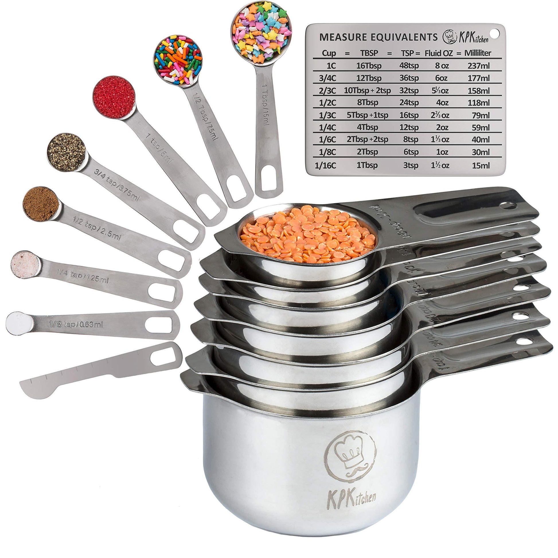 Stainless Steel Measuring Cups and Spoons Set of 16-7 Cup & 7 Spoon + Conversion Chart & Leveler - Kitchen Measuring Spoons and Cups - Dry Measure Cups Stainless Steel & Baking Metal Measuring Cups - CookCave