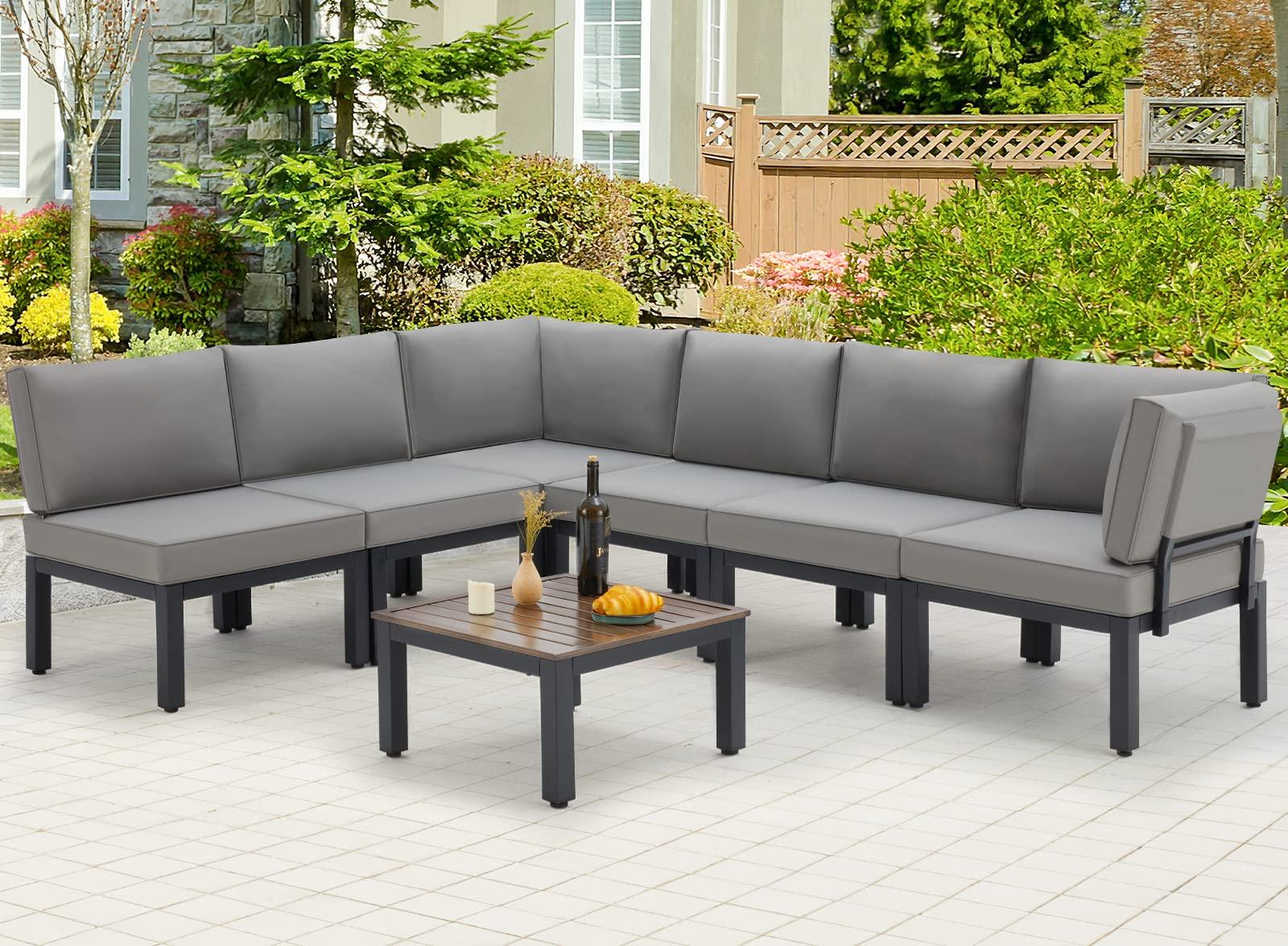 AECOJOY Outdoor Patio Furniture Set, Metal Patio Sectional Conversation Sofa, Black Wrought Iron Outdoor Furniture Sets Clearance with Grey Cushions - CookCave