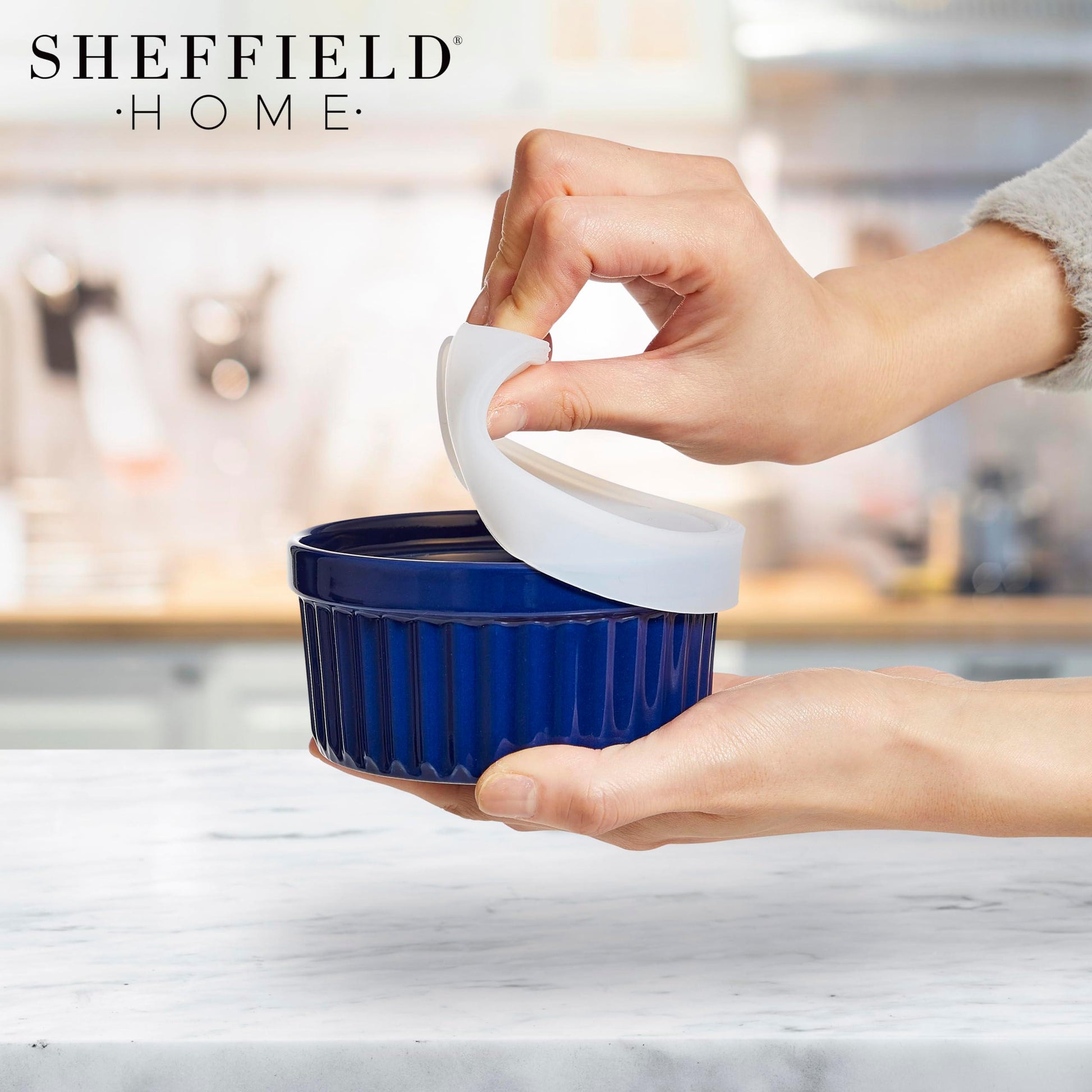 Sheffield Home Ramekin Set - Elevate Culinary Creations with 6 Round Ceramic Bowls (8oz), Oven-Safe Cups for Pudding, Creme Brulee, Souffle. Includes Silicone Lids, Dishwasher & Microwave Safe - Blue - CookCave