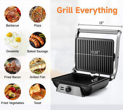 SUSTEAS 3-in-1 Electric Indoor Grill - Panini Press with Non-Stick Cooking Plates, Opens 180-Degree Gourmet Sandwich Maker, Floating Hinge Fits All Foods, Panini Press Grill with Grease Tray - CookCave