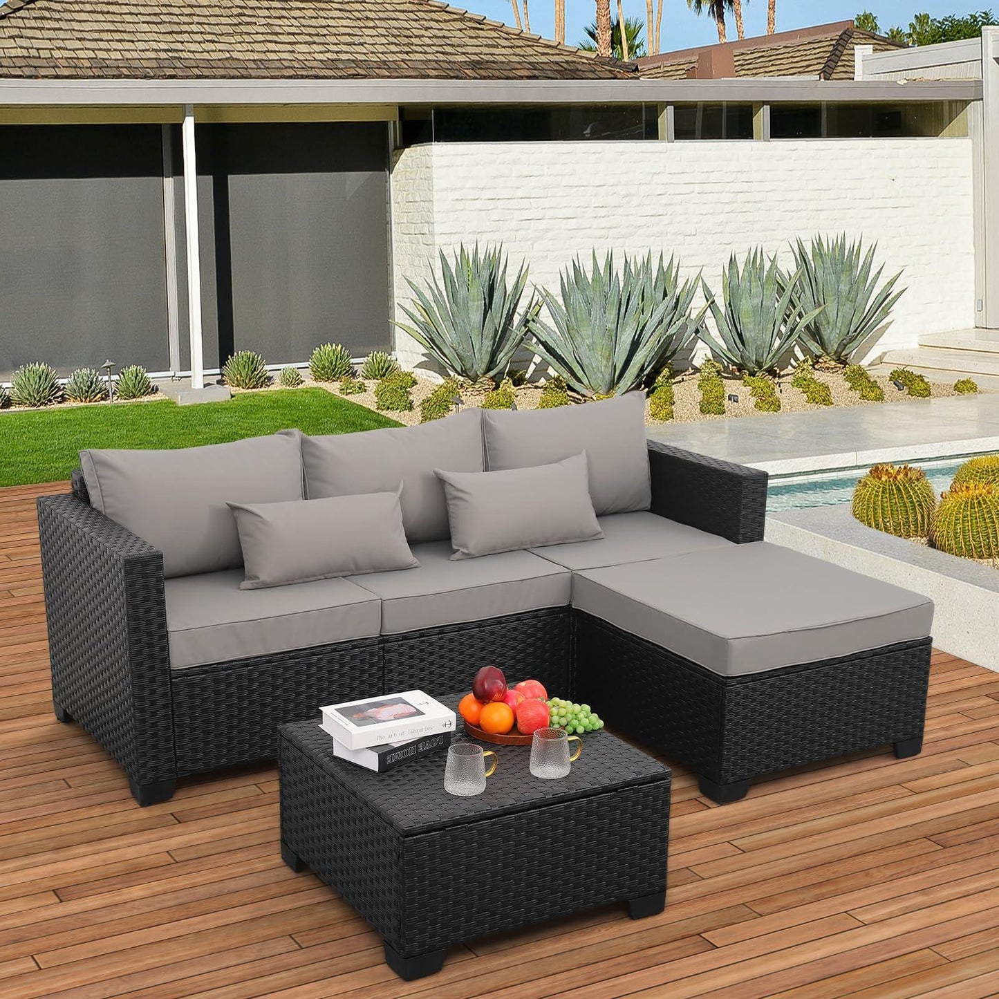 Rattaner 3 Pieces Patio Furniture Set Outdoor Sectional Wicker Patio Furniture Patio Couch with Ottoman and Outdoor Storage Table All-Weather Anti-Slip Cushions Waterproof Covers, Grey - CookCave