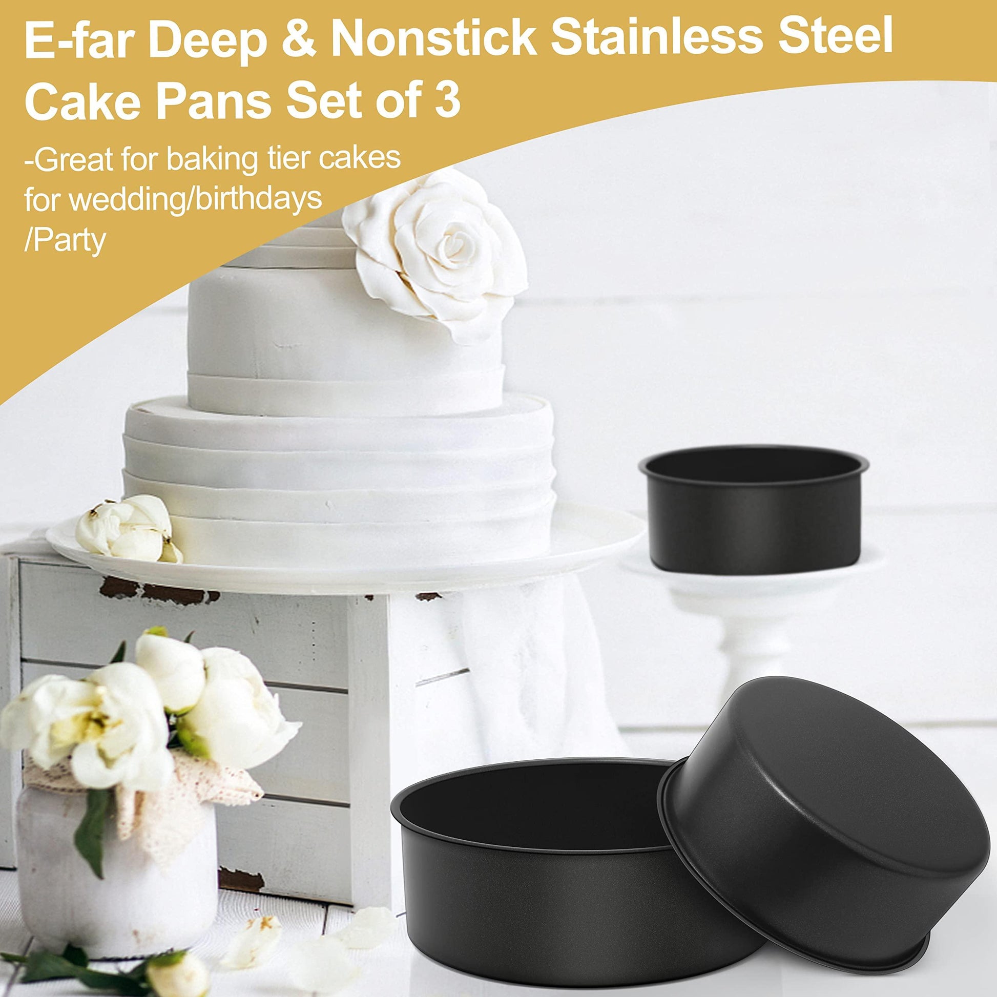 E-far Deep Cake Pan Set of 3 (4/6/8 Inch), Nonstick Stainless Steel Round Cake Pans Tins for Baking Layer Wedding Cakes, Stainless Steel Core & Nontoxic Coating, Deep & Straight Side - CookCave