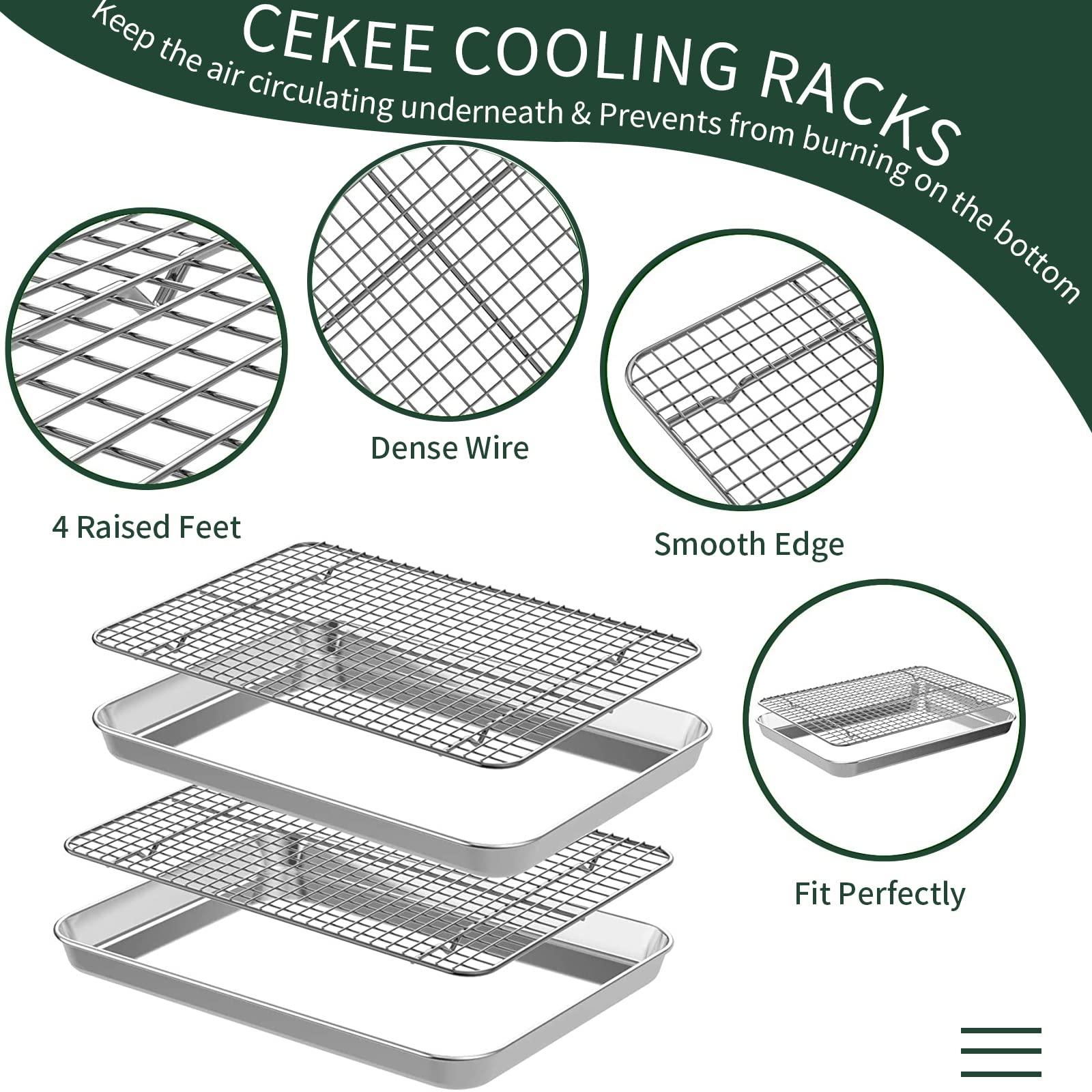 Quarter Sheet Pan with Cooling Rack Set [2 Baking Sheets + 2 Baking Racks], CEKEE Stainless Steel Cookie Sheets for Baking and Wire Rack - Rust & Warp Resistant & Nonstick, Size 12 x 9.8 x 1 Inch - CookCave