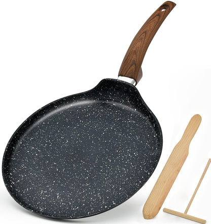 Non Stick Crepe Pan with Spreader Spatula, 11 inch PFOA-Free Granite Dosa Pan, Flat Skillet Grill Pan Comal for Tortillas, Omelette, Pancake Induction Bottom for Glass, Ceramic, Gas Stove Top - CookCave