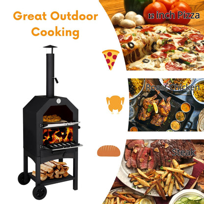 Outvita Outdoor Pizza Oven, Wood Fired Pizza Oven with Adjustable Chimney, Wheels, Pizza Stone, Pizza Peel, Grill Rack for Patio Cooking Picnic Party - CookCave