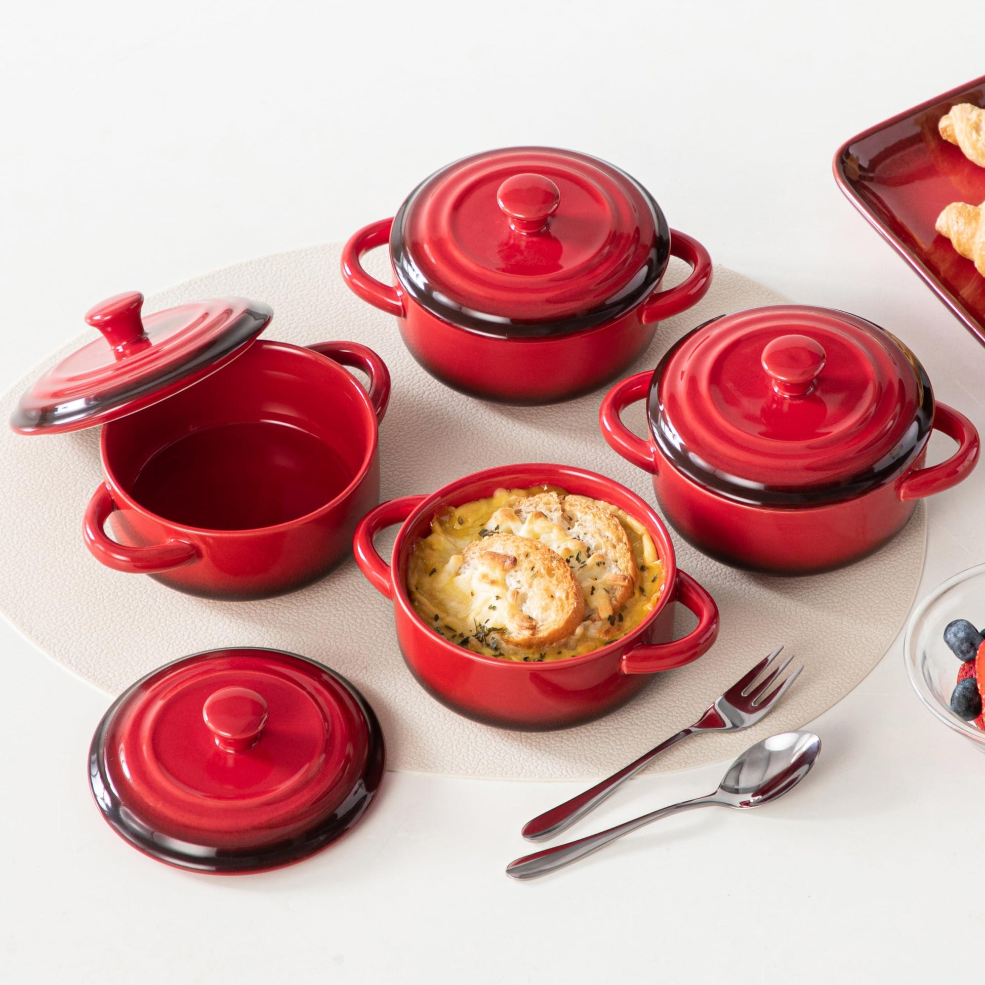 LOVECASA Mini Cocotte Set,14 OZ Small Casserole Dishes with Lids, Soup Bowls With Handles,Individual Baking Ramekins,Oven, Microwave & Dishwasher Safe,Set of 4,Red - CookCave