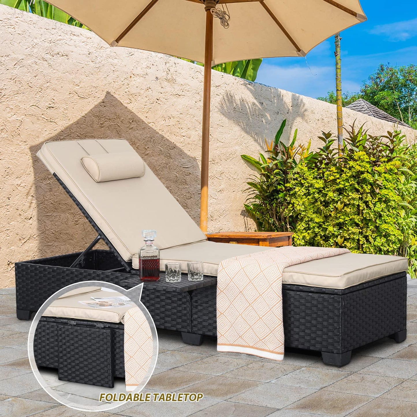 WAROOM Outdoor PE Wicker Chaise Lounge Chairs Set of 2 Patio Black Rattan Reclining Chair Adjustable Backrest Pool Sunbathing Recliners with Furniture Cover, Khaki - CookCave