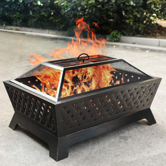 PHI VILLA Outdoor Wood Burning Fire Pits, Rectangular Deep Bowl Large Patio Firepit with Spark Screen, Poker & Metal Grate, 34" x 26" - CookCave