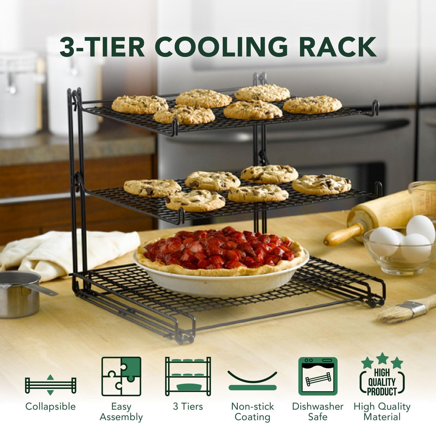 Nifty 3-Tier Cooling Rack – Non-Stick Coating, Wire Mesh Design, Dishwasher Safe, Collapsible Kitchen Countertop Organizer, Use for Baking Cookies, Cakes, Pies - CookCave
