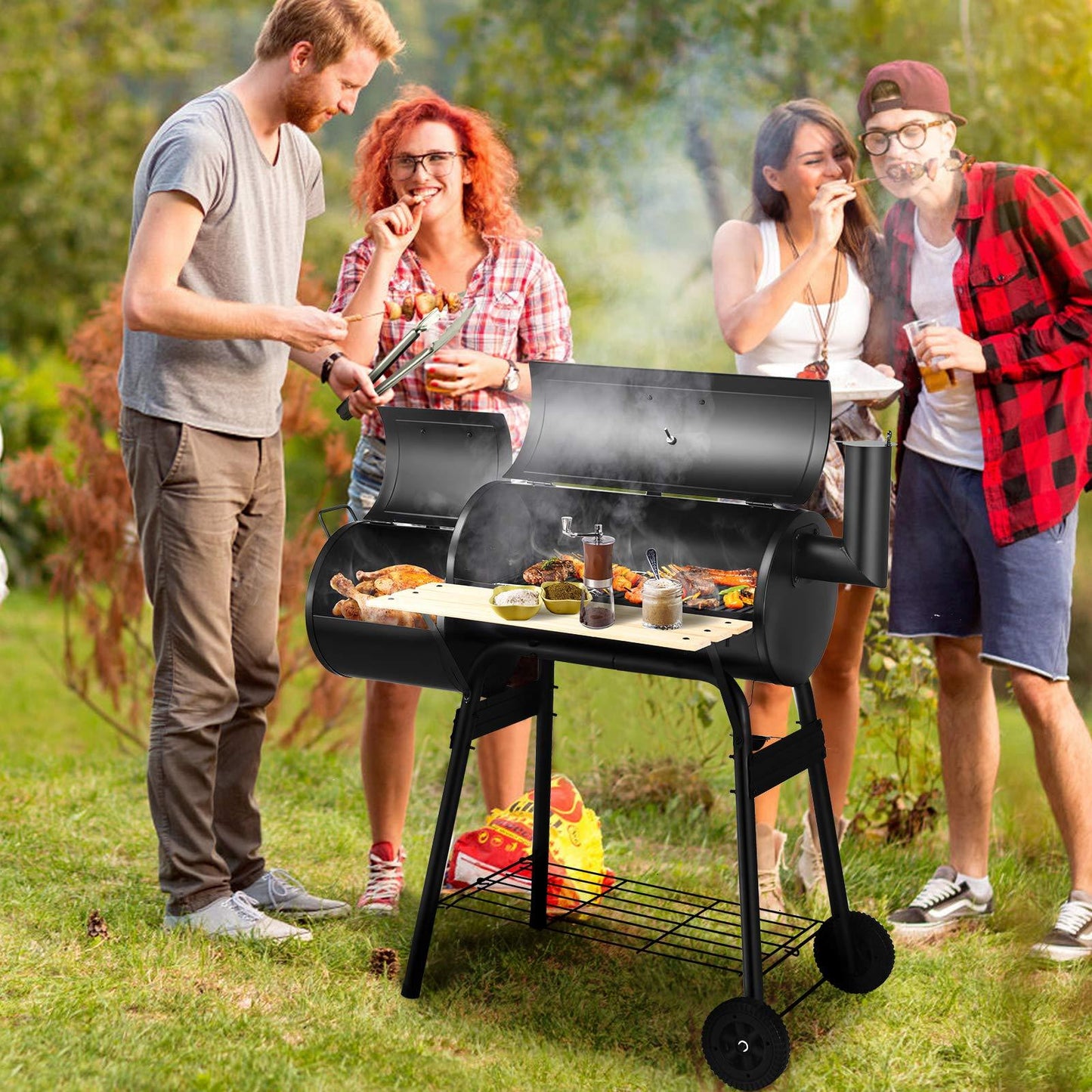 Giantex BBQ Charcoal Grill with Offset Smoker, Thermometer and Adjustable Damper, Meat Cooker Smoker for Backyard Family Gathering and Outdoor Picnic, 2 Moveable Wheels, 2 Shelves and Wooden Handles - CookCave