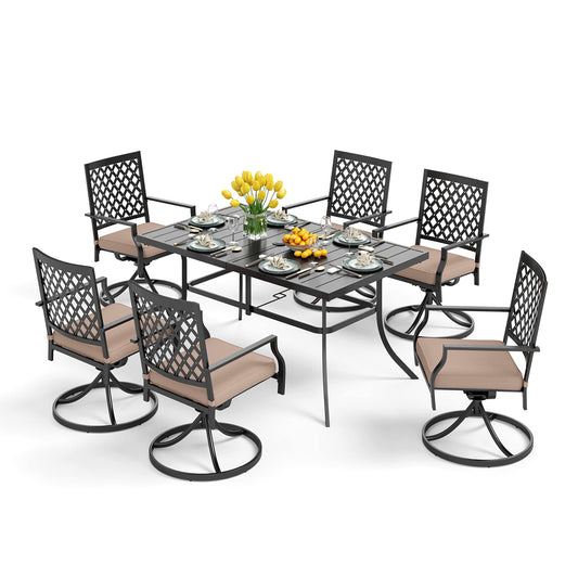 PHI VILLA Outdoor Patio Dining Set 7 Pieces Metal Furniture Set, 6 x Swivel Chairs with 1 Rectangular Umbrella Hole Table for Ourdoor Backyard Bistro with Cushion - CookCave