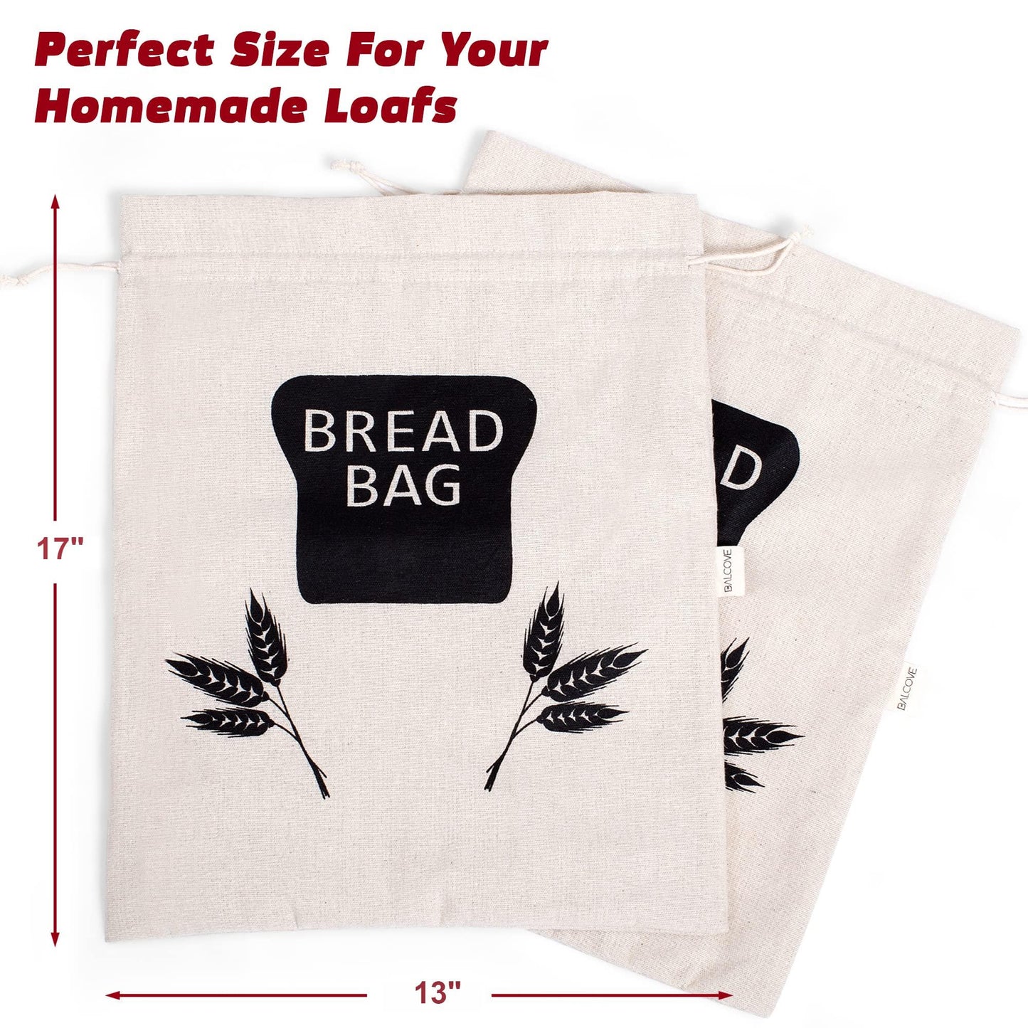 2 X Bread Bags for Homemade Bread - Plastic Lined, Reusable Linen Cloth Saver Bag For Sourdough & Homemade Bread Storage - 17" x 13" XL - CookCave