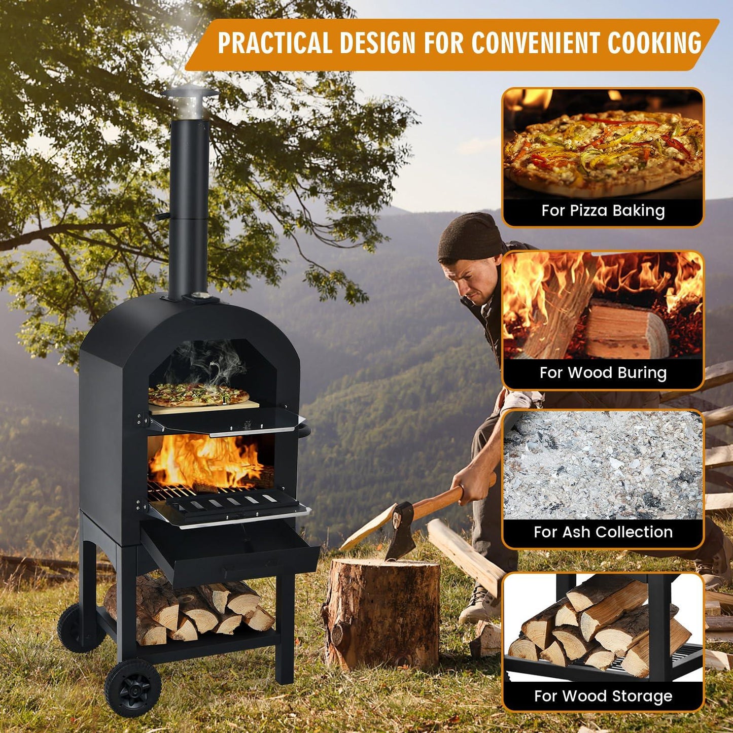 Happygrill Outdoor Pizza Oven Wood Fired Pizza Maker with 2 Wheels, Built-in Thermometer, Pizza Stone, Pizza Peel, Waterproof Cover, Portable Pizza Oven Heater for Barbecue Picnic Camping - CookCave