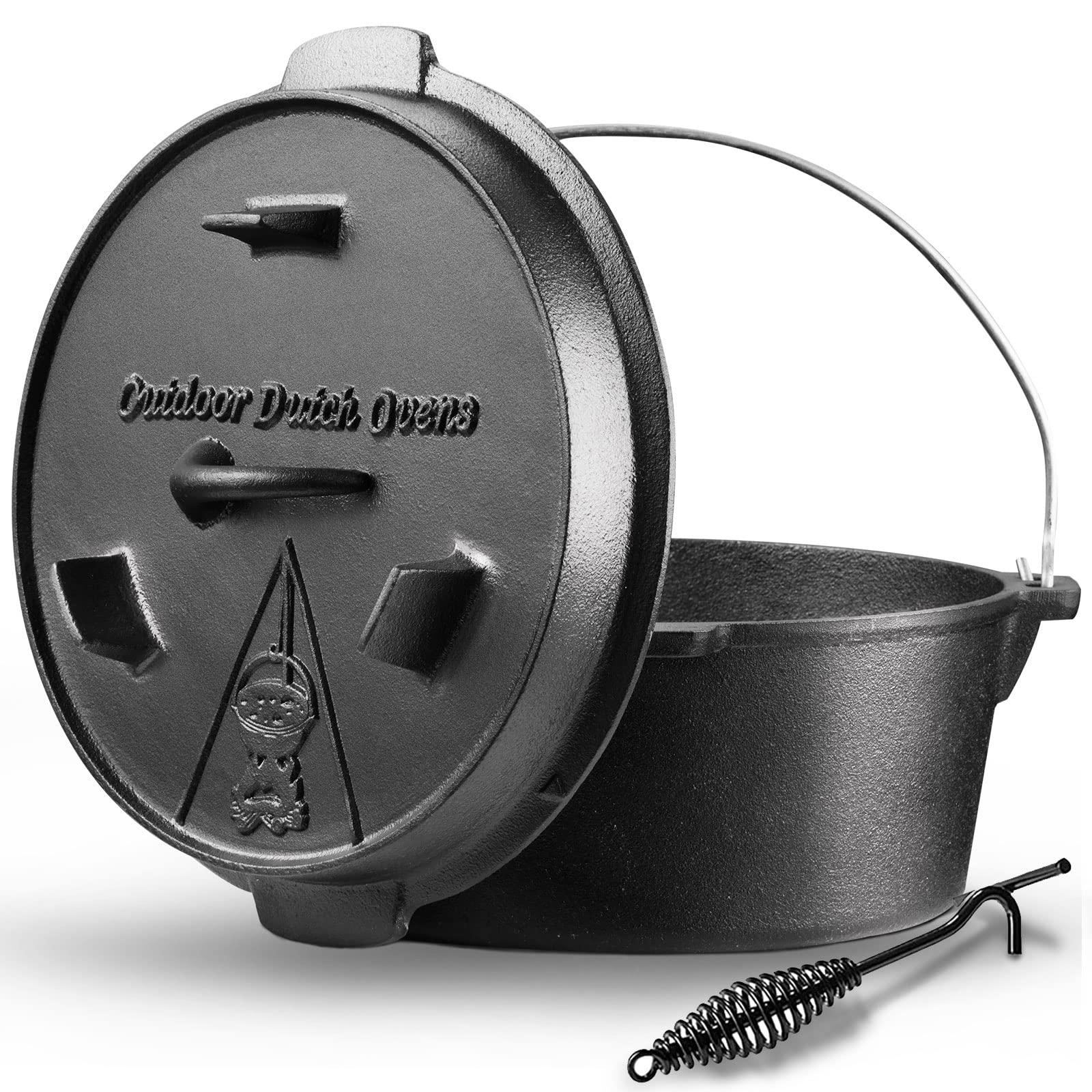 Camping Dutch Oven,9 Qt Pre-Seasoned Camping Cookware Pot With Lid - Lid Lifter,Cast Iron Deep Pot with Metal Handle for Camping Cooking BBQ Baking Campfire Modern Black - CookCave