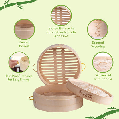 Bamboo Steamer 10 Inch 2 Tier Wooden Basket With Handle, Ring Adapter, Reusable Silicone Liner, Kit For Cooking Dumpling Baby Bao Bun, Dim Sum, Rice Potsticker Steaming Chinese Asian Food & Vegetables - CookCave